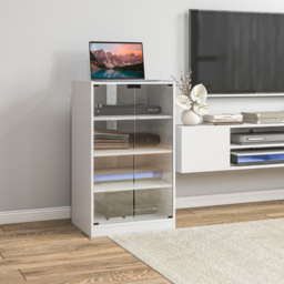 HOMCOM 4-Tier Hi-Fi Stand,  Record Player Stand with Adjustable Shelves and Push-to-Open Glass Doors, White Wood-Effect - thumbnail 2