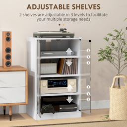 HOMCOM 4-Tier Hi-Fi Stand,  Record Player Stand with Adjustable Shelves and Push-to-Open Glass Doors, White Wood-Effect - thumbnail 4