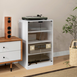 HOMCOM 4-Tier Hi-Fi Stand,  Record Player Stand with Adjustable Shelves and Push-to-Open Glass Doors, White Wood-Effect - thumbnail 8