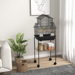 PawHut Bird Cage with Stand, Swing Perch and Food Tray, Metal Aviary for Finch Canary Budgie, 50.5 x 40 x 63cm, Black - thumbnail 2