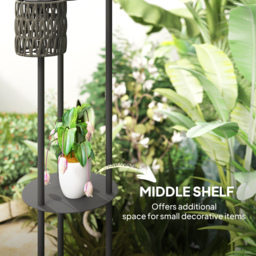 Outsunny Boho Rattan Floor Lamp, 3-Lights Rattan Lamp with Shelf, Freestanding Solar Garden Light with Auto On/Off Lights, Grey - thumbnail 7