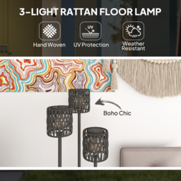 Outsunny Boho Rattan Floor Lamp, 3-Lights Rattan Lamp with Shelf, Freestanding Solar Garden Light with Auto On/Off Lights, Grey - thumbnail 4