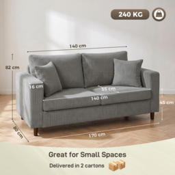 HOMCOM Loveseat Sofa with Wide Seat, Corduroy 2 Seater Couch with Deep Seat, Spring Cushion, Light Grey - thumbnail 3
