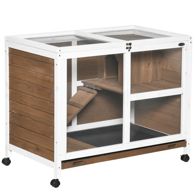 PawHut Wooden Rabbit Hutch Guinea Pigs House Bunny Small Animal Cage W/ Pull-out Tray Openable Roof Wheels 91.5 x 53.3 x 73 cm, Brown - image 1