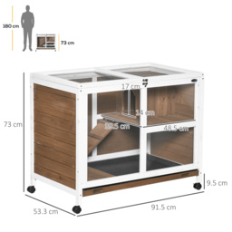 PawHut Wooden Rabbit Hutch Guinea Pigs House Bunny Small Animal Cage W/ Pull-out Tray Openable Roof Wheels 91.5 x 53.3 x 73 cm, Brown - thumbnail 3