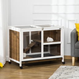 PawHut Wooden Rabbit Hutch Guinea Pigs House Bunny Small Animal Cage W/ Pull-out Tray Openable Roof Wheels 91.5 x 53.3 x 73 cm, Brown - thumbnail 2