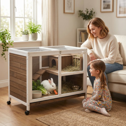 PawHut Wooden Rabbit Hutch Guinea Pigs House Bunny Small Animal Cage W/ Pull-out Tray Openable Roof Wheels 91.5 x 53.3 x 73 cm, Brown - thumbnail 2