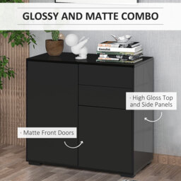 HOMCOM High Gloss Sideboard, Side Cabinet, Push-Open Design with 2 Drawer for Living Room, Bedroom, Black - Aosom UK - thumbnail 6