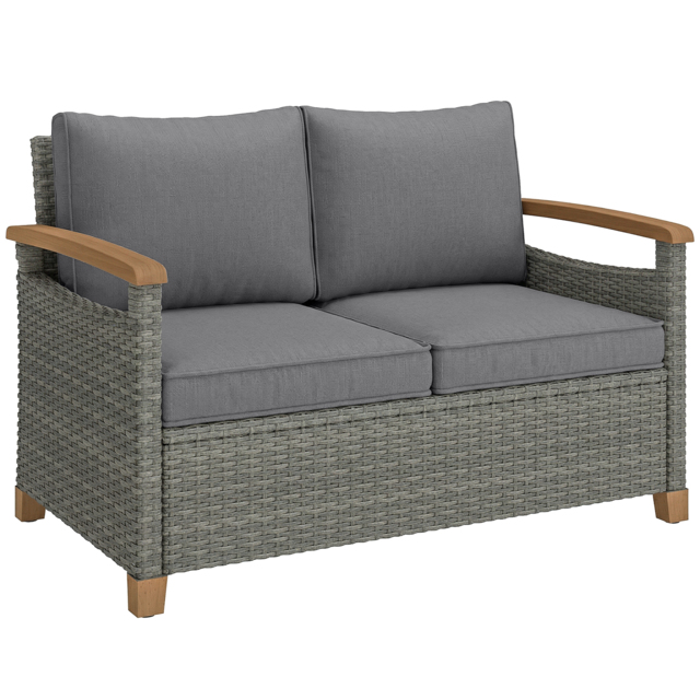 Outsunny 2 Seater Rattan Garden Sofa, Outdoor Sofa with Thickened Cushions and Acacia Wood Armrests, Dark Grey - image 1
