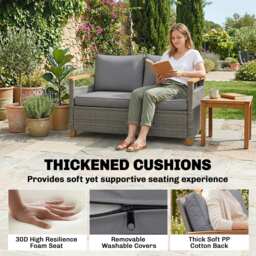 Outsunny 2 Seater Rattan Garden Sofa, Outdoor Sofa with Thickened Cushions and Acacia Wood Armrests, Dark Grey - thumbnail 4