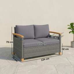 Outsunny 2 Seater Rattan Garden Sofa, Outdoor Sofa with Thickened Cushions and Acacia Wood Armrests, Dark Grey - thumbnail 3