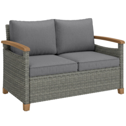 Outsunny 2 Seater Rattan Garden Sofa, Outdoor Sofa with Thickened Cushions and Acacia Wood Armrests, Dark Grey - thumbnail 1