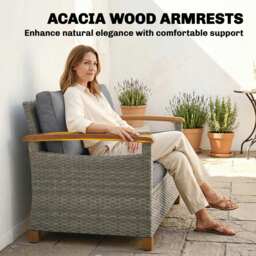 Outsunny 2 Seater Rattan Garden Sofa, Outdoor Sofa with Thickened Cushions and Acacia Wood Armrests, Dark Grey - thumbnail 5
