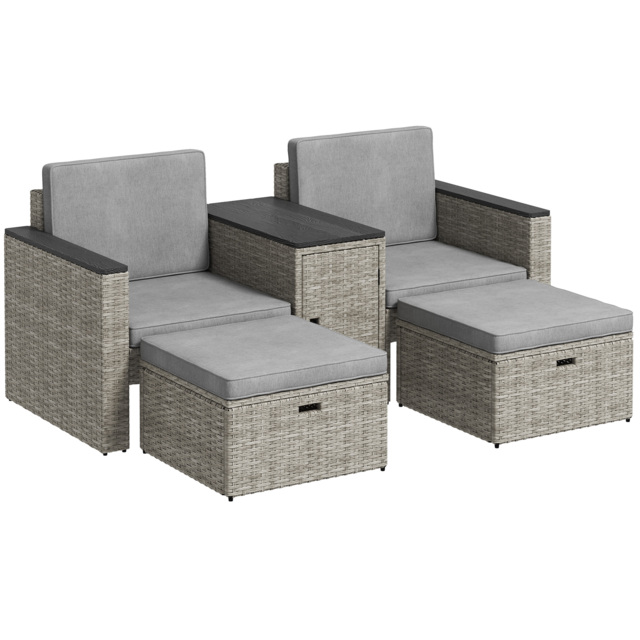 Outsunny 5 Piece Rattan Garden Furniture Set, Nesting Outdoor Furniture Conversation Set with 2 Footstools, WPC Storage Coffee Table and Cushions, Wicker Garden Sofa for Conservatory, Terrace, Grey - image 1