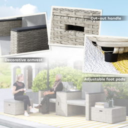 Outsunny 5 Piece Rattan Garden Furniture Set, Nesting Outdoor Furniture Conversation Set with 2 Footstools, WPC Storage Coffee Table and Cushions, Wicker Garden Sofa for Conservatory, Terrace, Grey - thumbnail 9
