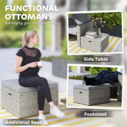 Outsunny 5 Piece Rattan Garden Furniture Set, Nesting Outdoor Furniture Conversation Set with 2 Footstools, WPC Storage Coffee Table and Cushions, Wicker Garden Sofa for Conservatory, Terrace, Grey - thumbnail 6
