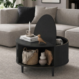 HOMCOM Coffee Table with Lift Top and Hidden Storage, Round Centre Table with Fluted Sliding Door, 80 cm, Black Wood Effect - thumbnail 2