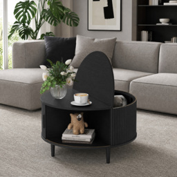 HOMCOM Coffee Table with Lift Top and Hidden Storage, Round Centre Table with Fluted Sliding Door, 80 cm, Black Wood Effect - thumbnail 2
