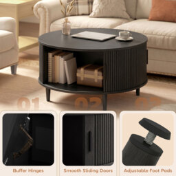 HOMCOM Coffee Table with Lift Top and Hidden Storage, Round Centre Table with Fluted Sliding Door, 80 cm, Black Wood Effect - thumbnail 7