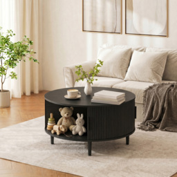 HOMCOM Coffee Table with Lift Top and Hidden Storage, Round Centre Table with Fluted Sliding Door, 80 cm, Black Wood Effect - thumbnail 8