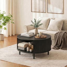 HOMCOM Coffee Table with Lift Top and Hidden Storage, Round Centre Table with Fluted Sliding Door, 80 cm, Black Wood Effect - thumbnail 8