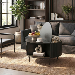 HOMCOM Coffee Table with Lift Top and Hidden Storage, Round Centre Table with Fluted Sliding Door, 80 cm, Black Wood Effect - thumbnail 9