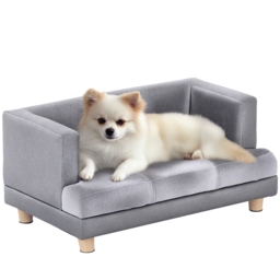 PawHut Dog Sofa Bed for Small-Sized Dogs, Elevated Pet Chair with PU Cover, Soft Cushion, Cat Couch Lounger with Anti-slip Legs - Grey
