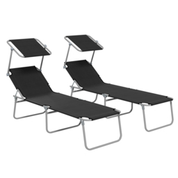 Outsunny Foldable Sun Lounger Set of 2 with Sun Shade & Adjustable Backrest - Black - thumbnail 1