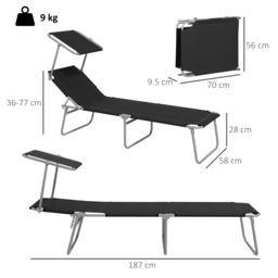 Outsunny Foldable Sun Lounger Set of 2 with Sun Shade & Adjustable Backrest - Black - thumbnail 3