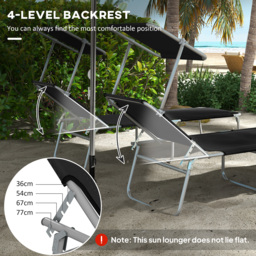 Outsunny Foldable Sun Lounger Set of 2 with Sun Shade & Adjustable Backrest - Black - thumbnail 4