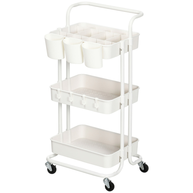 HOMCOM Three-Tier Home Trolley, with Handle and Wheels - White - image 1
