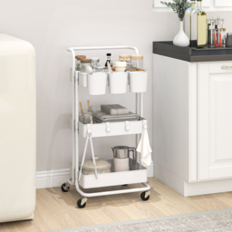 HOMCOM Three-Tier Home Trolley, with Handle and Wheels - White - thumbnail 2