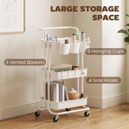 HOMCOM Three-Tier Home Trolley, with Handle and Wheels - White - thumbnail 4