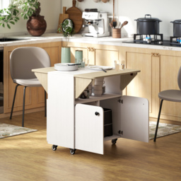 HOMCOM Folding Dining Table, Rolling Drop Leaf Table with Hidden Shelf & Cabinet for Dining Room, Small Spaces, White - thumbnail 2