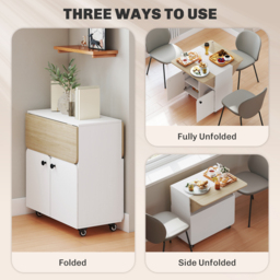 HOMCOM Folding Dining Table, Rolling Drop Leaf Table with Hidden Shelf & Cabinet for Dining Room, Small Spaces, White - thumbnail 4