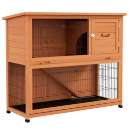 PawHut 2 Tier Antiseptic Wood Rabbit Hutch with Run Outdoor Orange - Aosom UK