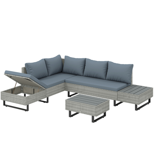 Outsunny 5 Seater Rattan Garden Furniture Set, L Shaped Garden Corner Sofa, Adjustable Back, Faux Wood Tables, Grey - image 1