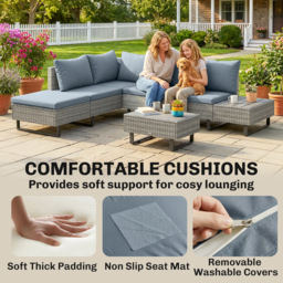 Outsunny 5 Seater Rattan Garden Furniture Set, L Shaped Garden Corner Sofa, Adjustable Back, Faux Wood Tables, Grey - thumbnail 8