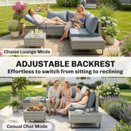 Outsunny 5 Seater Rattan Garden Furniture Set, L Shaped Garden Corner Sofa, Adjustable Back, Faux Wood Tables, Grey - thumbnail 4