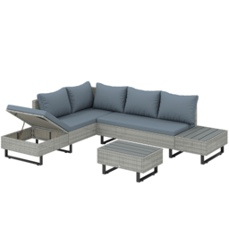 Outsunny 5 Seater Rattan Garden Furniture Set, L Shaped Garden Corner Sofa, Adjustable Back, Faux Wood Tables, Grey - thumbnail 1