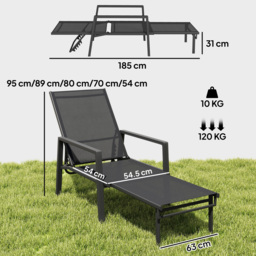 Outsunny Sun Loungers Set of 2 Retractable Footrest 5-Position Adjustable Steel Frame for Beach, Porch, Patio, Camping, Black - thumbnail 3