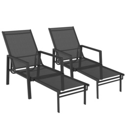 Outsunny Sun Loungers Set of 2 Retractable Footrest 5-Position Adjustable Steel Frame for Beach, Porch, Patio, Camping, Black - thumbnail 1