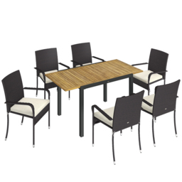Outsunny 7 Piece Rattan Garden Furniture Set, 6 Seater Garden Table and 6 Stackable Chairs with Extendable Acacia Wood Tabletop - thumbnail 1
