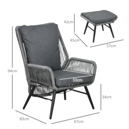 Outsunny 2 PCs PE Rattan Leisure Chair Set, Outdoor Reclining Patio Chair and Footrest w/ Adjustable Backrest & Cushion, Grey - Aosom UK - thumbnail 3