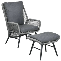 Outsunny 2 PCs PE Rattan Leisure Chair Set, Outdoor Reclining Patio Chair and Footrest w/ Adjustable Backrest & Cushion, Grey - Aosom UK