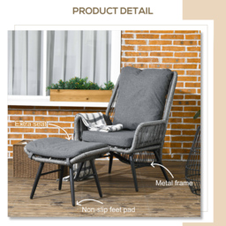 Outsunny 2 PCs PE Rattan Leisure Chair Set, Outdoor Reclining Patio Chair and Footrest w/ Adjustable Backrest & Cushion, Grey - Aosom UK - thumbnail 6