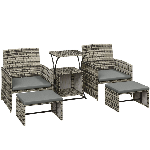 Outsunny 6 Piece Rattan Garden Furniture, Space-Saving Patio Furniture Set with Nesting Tables, Chairs, Stools, Cushions, Grey - image 1