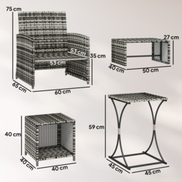 Outsunny 6 Piece Rattan Garden Furniture, Space-Saving Patio Furniture Set with Nesting Tables, Chairs, Stools, Cushions, Grey - thumbnail 3