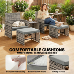 Outsunny 6 Piece Rattan Garden Furniture, Space-Saving Patio Furniture Set with Nesting Tables, Chairs, Stools, Cushions, Grey - thumbnail 8