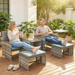 Outsunny 6 Piece Rattan Garden Furniture, Space-Saving Patio Furniture Set with Nesting Tables, Chairs, Stools, Cushions, Grey - thumbnail 9